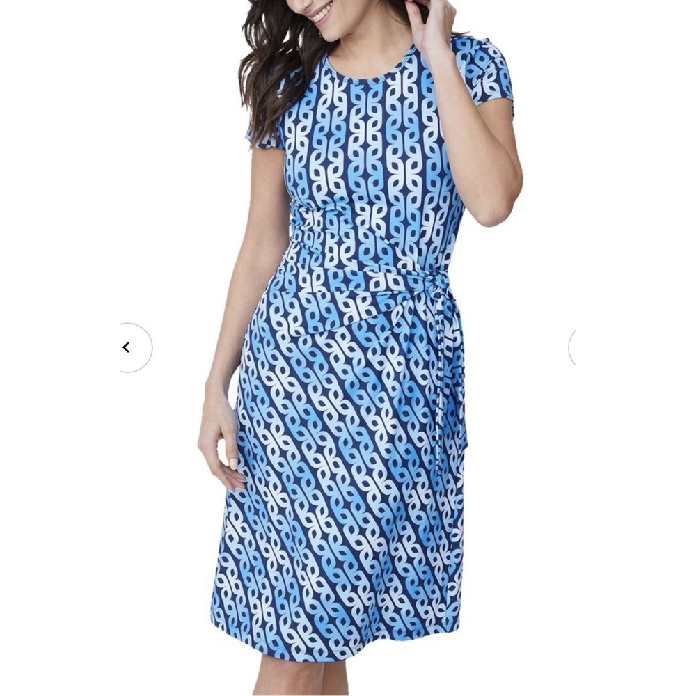 J. McLaughlin Elora Dress Women S Blue Geometric Stretch Catalina Cloth Tie Side
